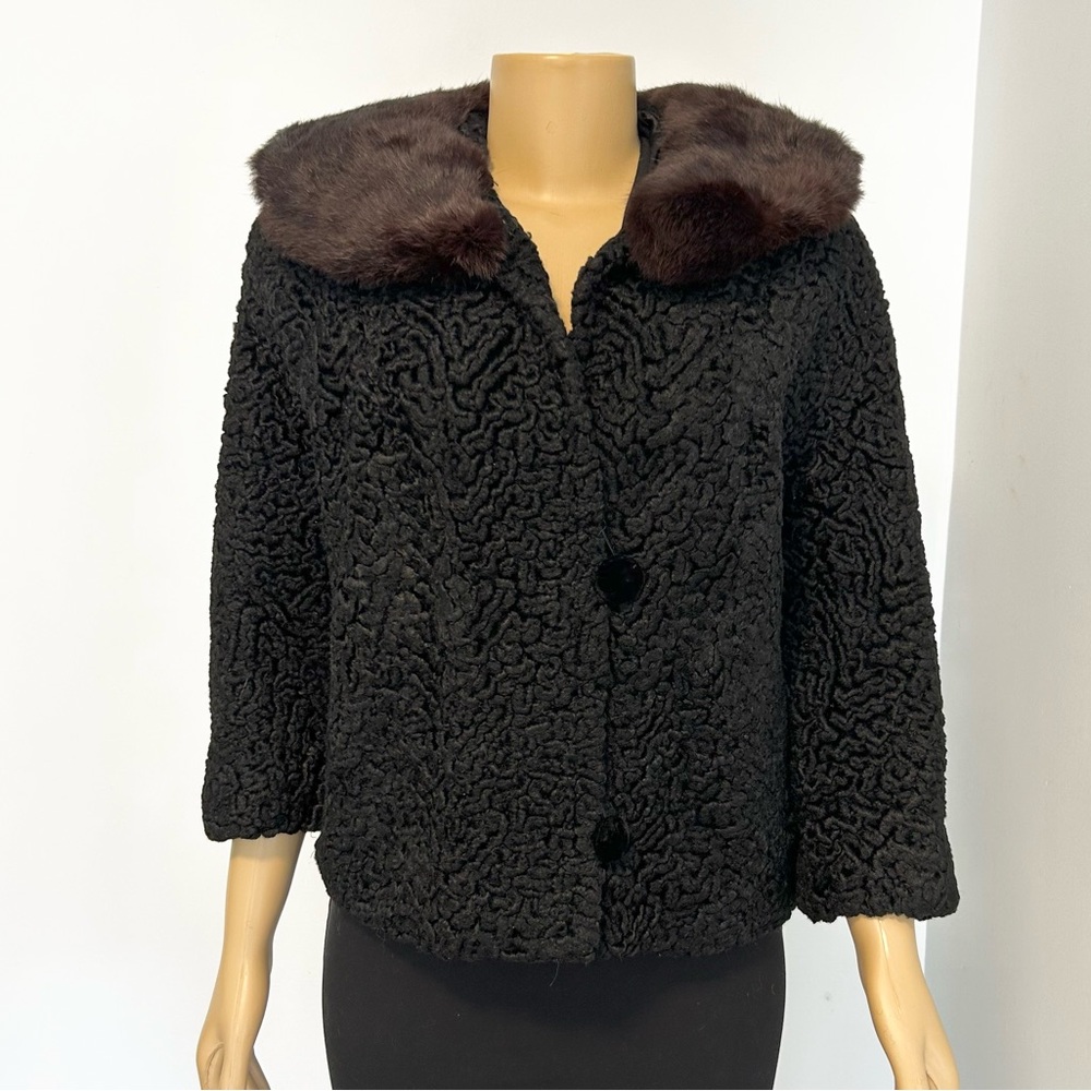 Vintage‎ Black Persian Lamb Faux Fur Jacket Brown Mink Style Collar 3/4 Sleeve M